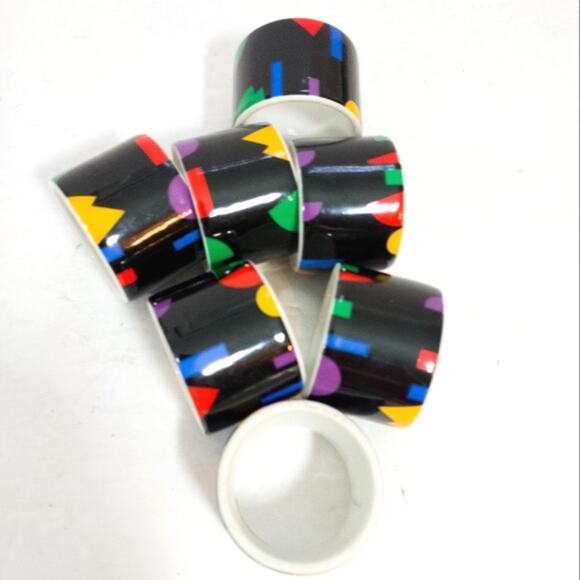 80s porcelain geo 7 pc napkin rings set Toscany Collection - Picture 2 of 5